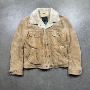 VTG Rugged Outerwear Jacket Mens 40 Beige Preowned Stain Suede Faux Fur Lined